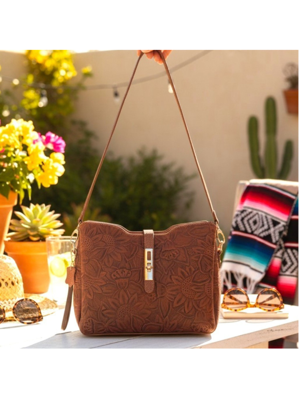 2 Straps Auburn Brown Embossed Tooled Artisan LEATHER Crossbody Shoulder Bag